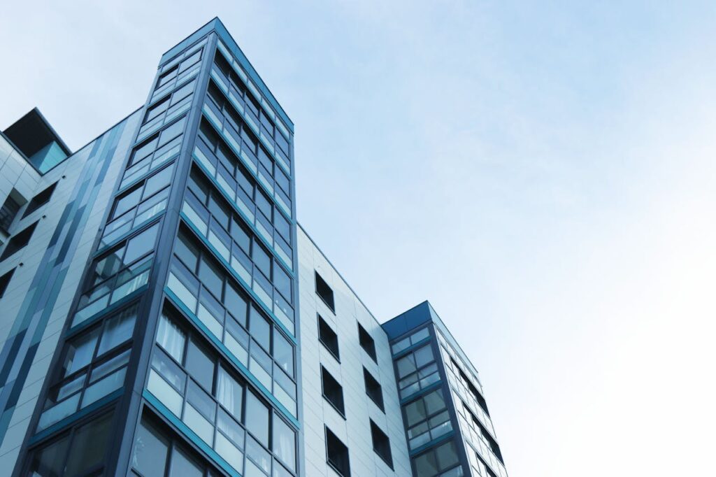 An office building seen from the bottom side