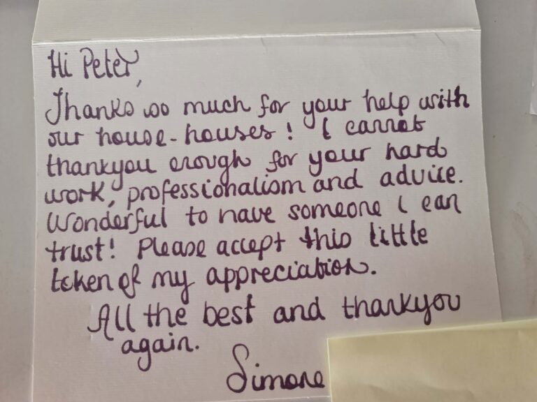 handwritten card of one of Fearless Building Inspections clients