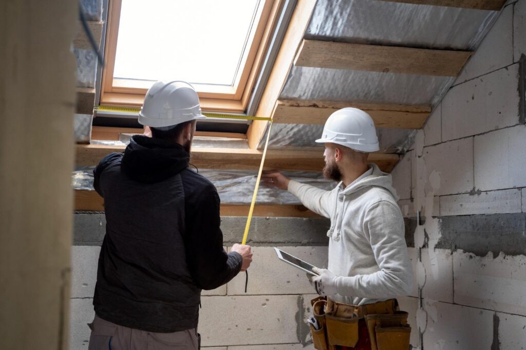 builders working on a house ceiling insulation